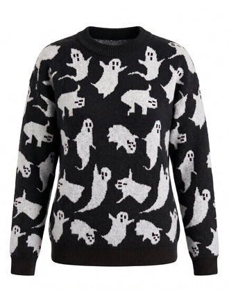 Pull blanc en maille à imprimé fantômes d’Halloween années 1940