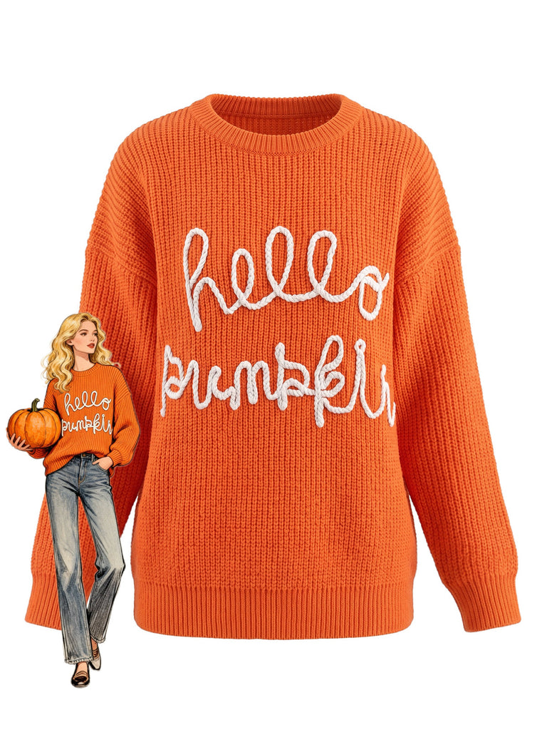 Pull orange en maille à col rond et imprimé lettres années 1940