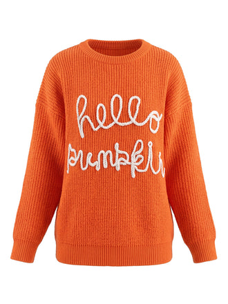 Pull orange en maille à col rond et imprimé lettres années 1940