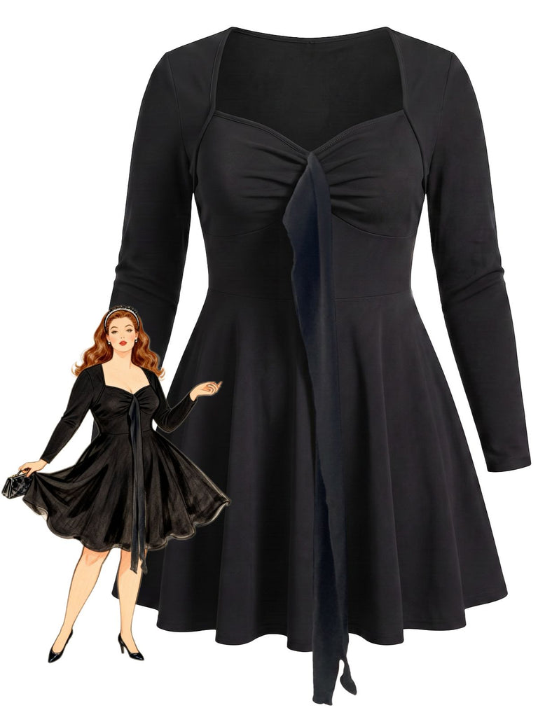 [Grande Taille] Robe évasée noire à décolleté cœur, nœud et manches longues années 1950