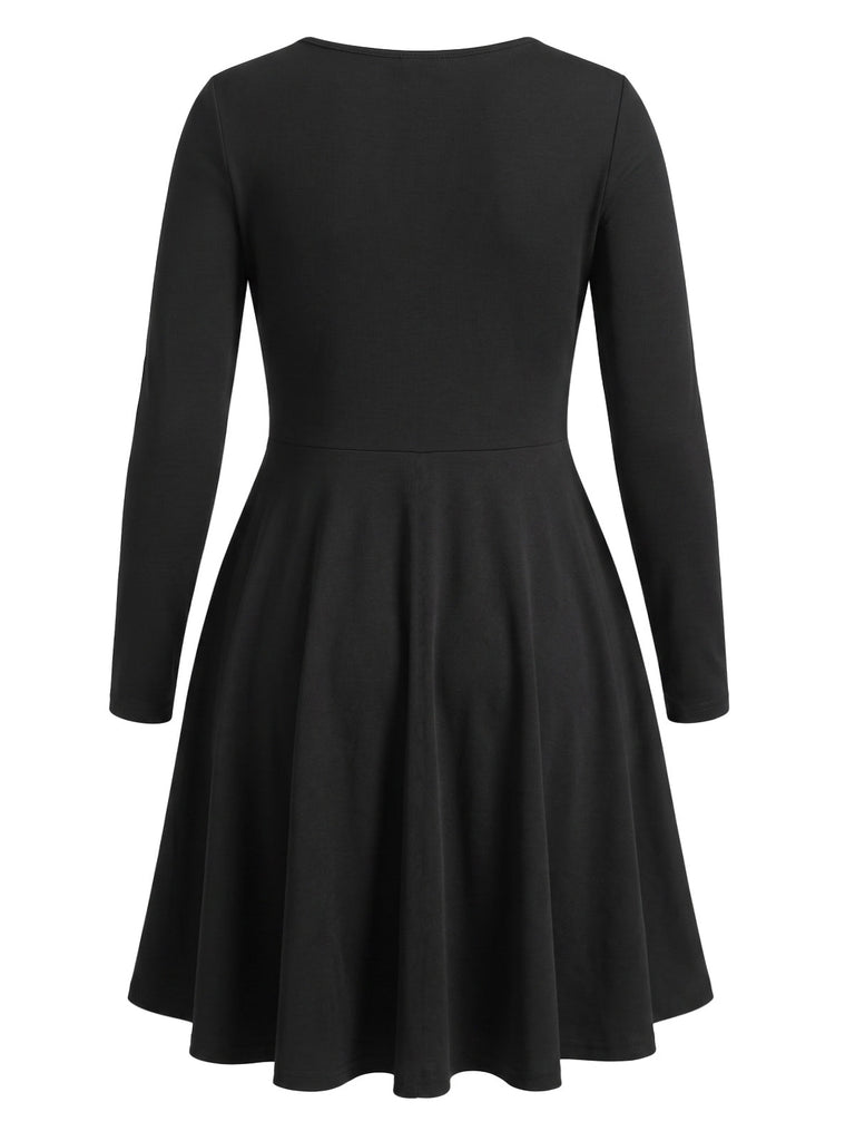 [Grande Taille] Robe évasée noire à décolleté cœur, nœud et manches longues années 1950