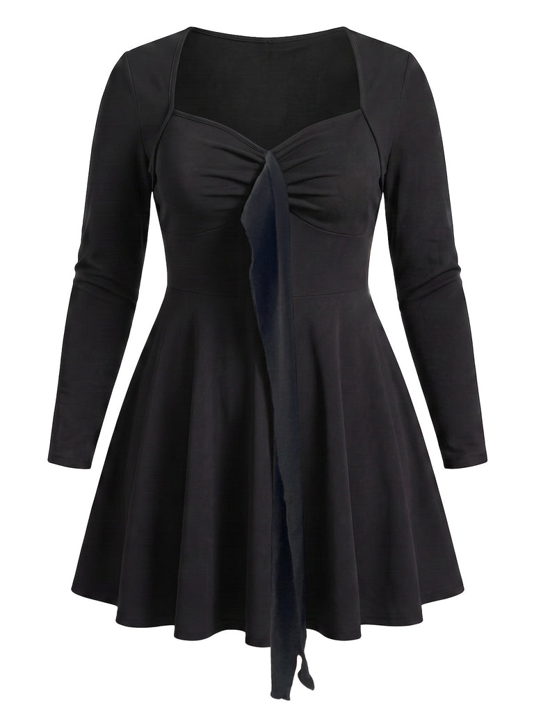 [Grande Taille] Robe évasée noire à décolleté cœur, nœud et manches longues années 1950