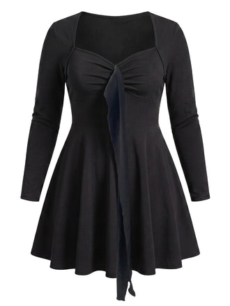 [Grande Taille] Robe évasée noire à décolleté cœur, nœud et manches longues années 1950