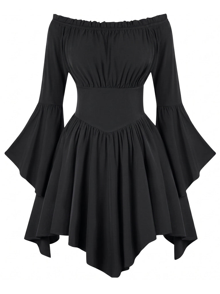 Robe Smockée à Épaules Dénudées et Manches Chauve-Souris Années 1940