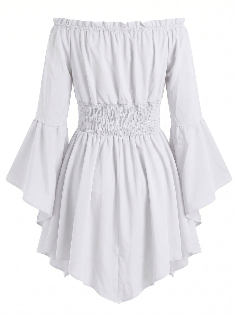 Robe Smockée à Épaules Dénudées et Manches Chauve-Souris Années 1940