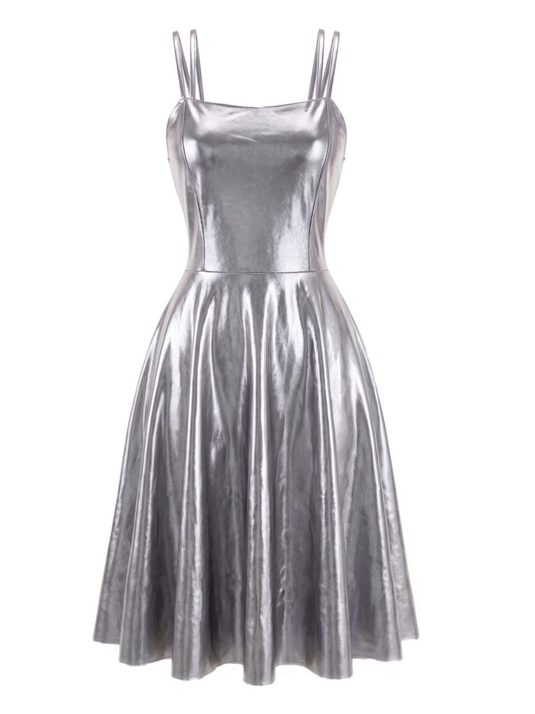 Robe métallisée holographique à doubles bretelles années 1970