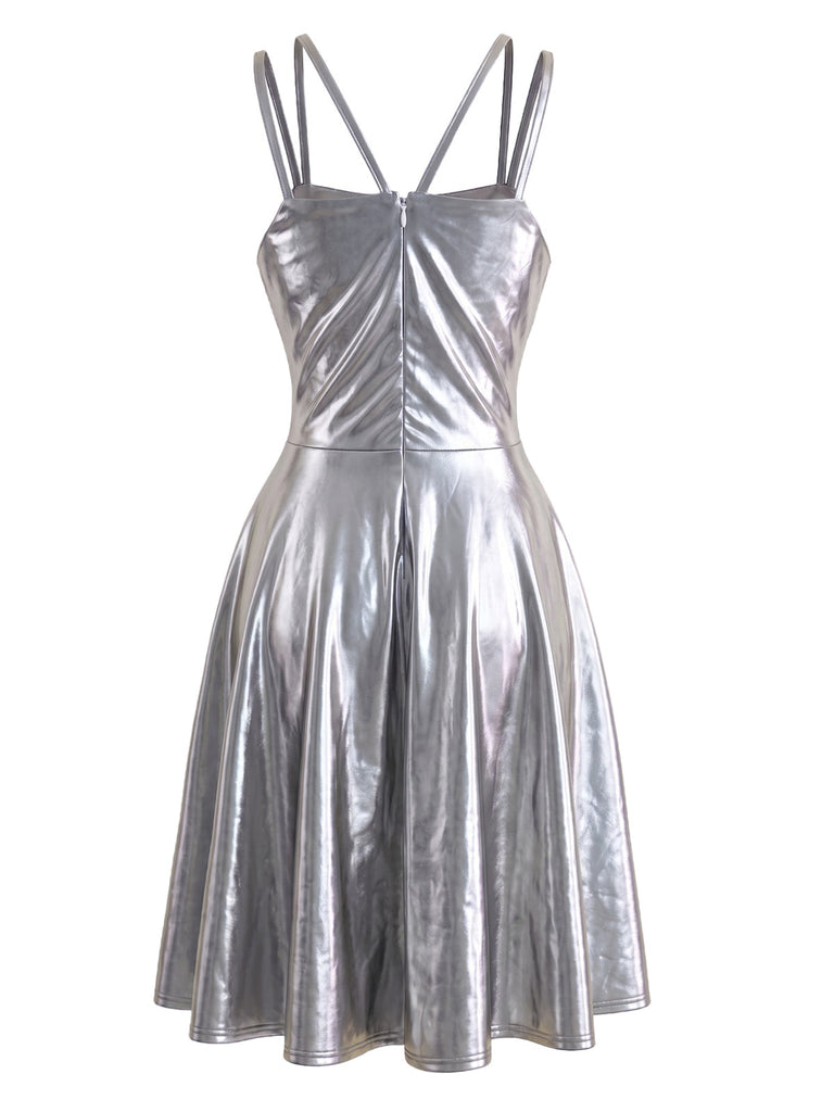 Robe métallisée holographique à doubles bretelles années 1970
