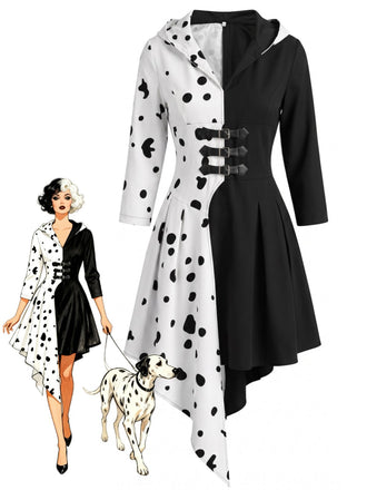 Robe noire et blanche à capuche motif dalmatien années 1970