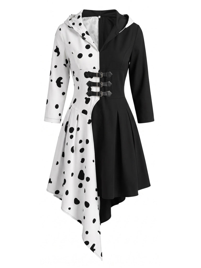 Robe noire et blanche à capuche motif dalmatien années 1970