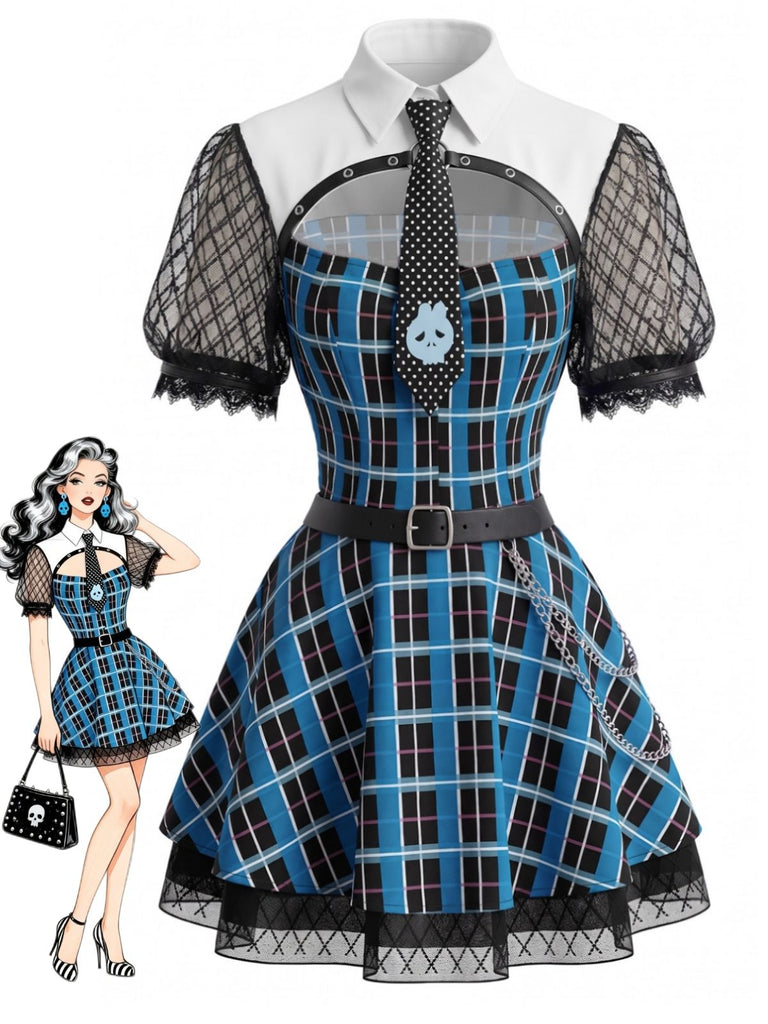 Robe de cosplay écolière gothique bleue à carreaux et manches en tulle années 1970