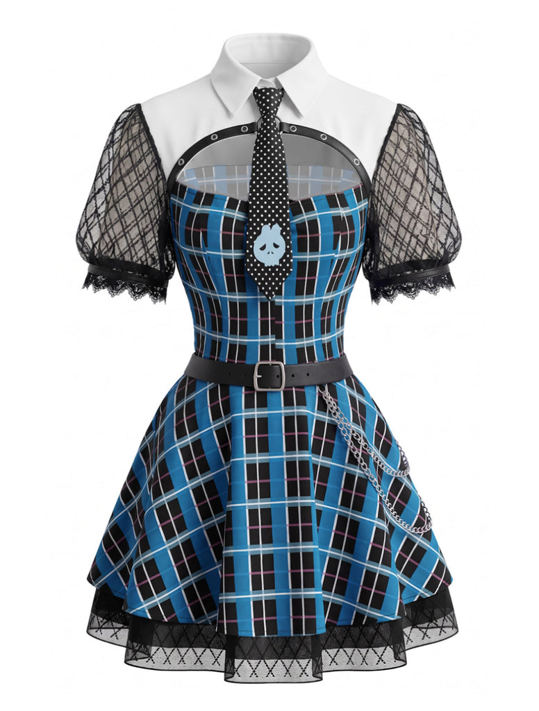 Robe de cosplay écolière gothique bleue à carreaux et manches en tulle années 1970
