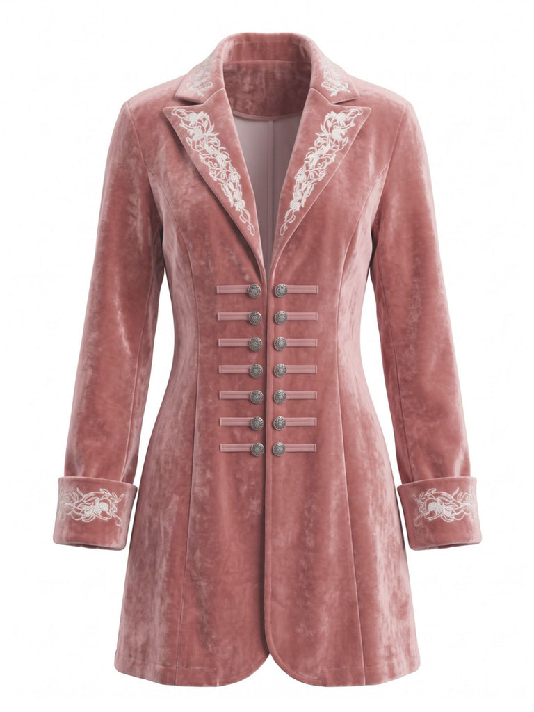 Veste longue rose en velours à revers et broderies florales années 1950