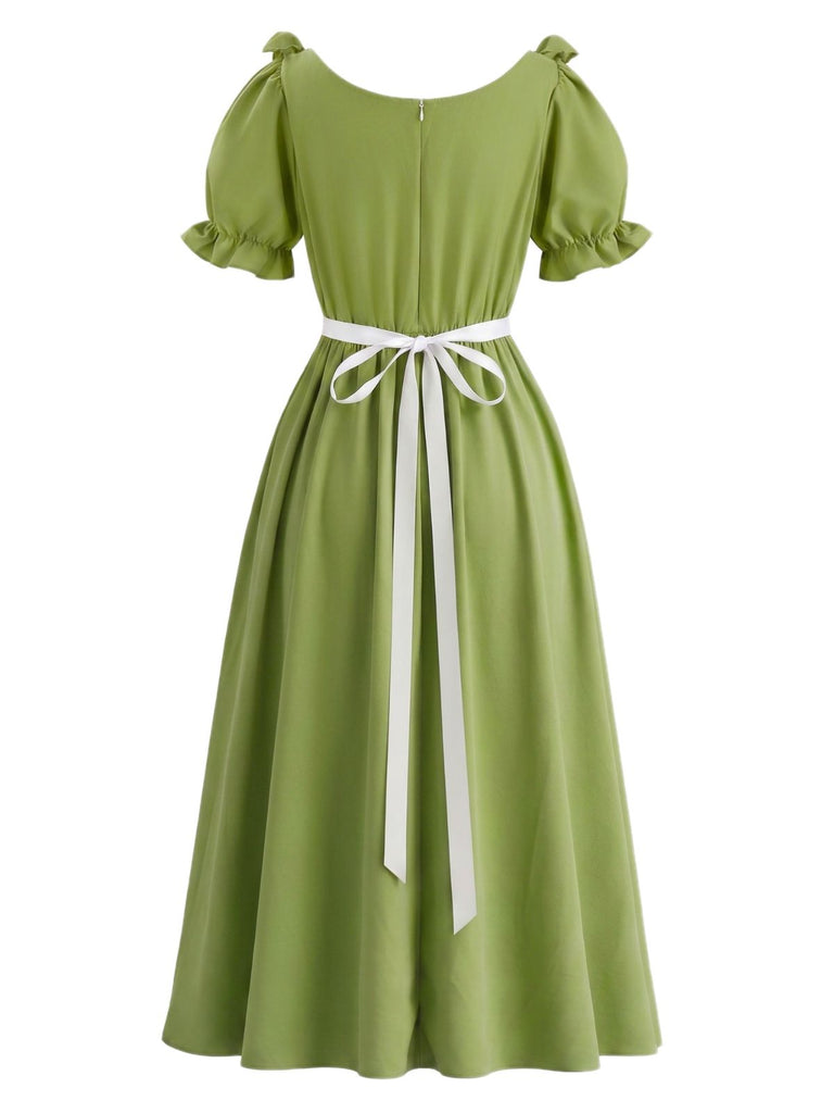 Robe maxi victorienne verte à volants, col carré et style Régence Années 1970