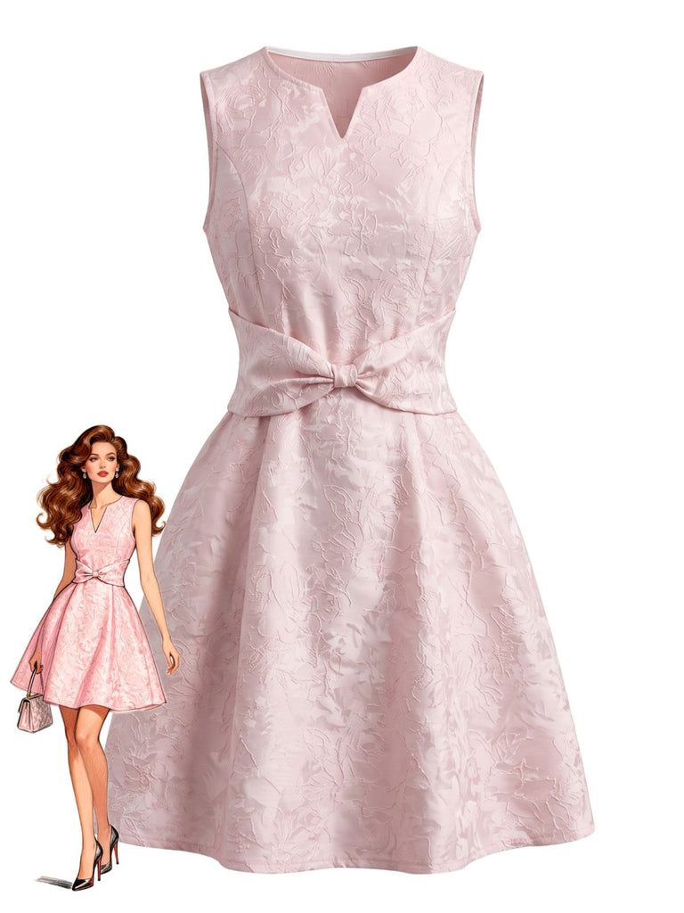 Robe Rose Jacquard Sans Manches Ceinturé Nœud en A Années 1960