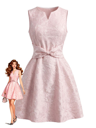 Robe Rose Jacquard Sans Manches Ceinturé Nœud en A Années 1960