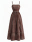 Robe longue marron rayée bretelles fines et découpes années 30