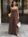 Robe Maxi à Bretelles Spaghetti Rayée avec Découpe Marron Années 1930