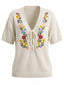 Haut en maille beige broderies florales et nouage sur le devant années 1940