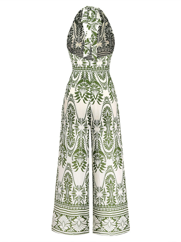 Combinaison verte dos nu à motif végétal Années 1940