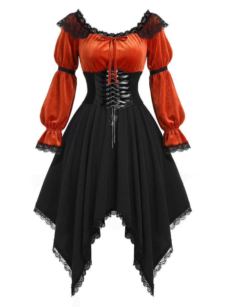 [Prévente] Ensemble avec haut épaules dénudées, jupe à ourlet mouchoir et serre-taille années 1970
