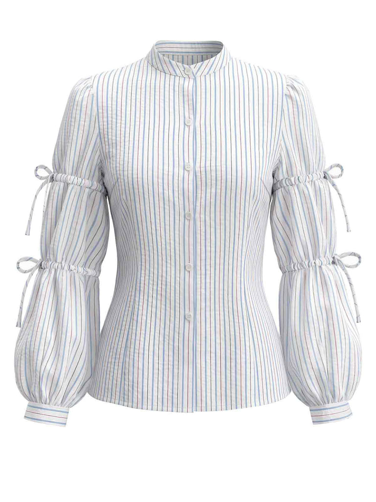 [Prévente] Blouse bleu clair rayée à nœud et manches lanternes années 1940