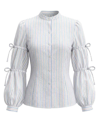 [Prévente] Blouse bleu clair rayée à nœud et manches lanternes années 1940