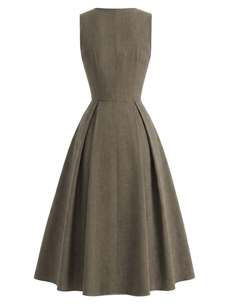 [Prévente] Robe marron sans manches à col V et boutons années 1940