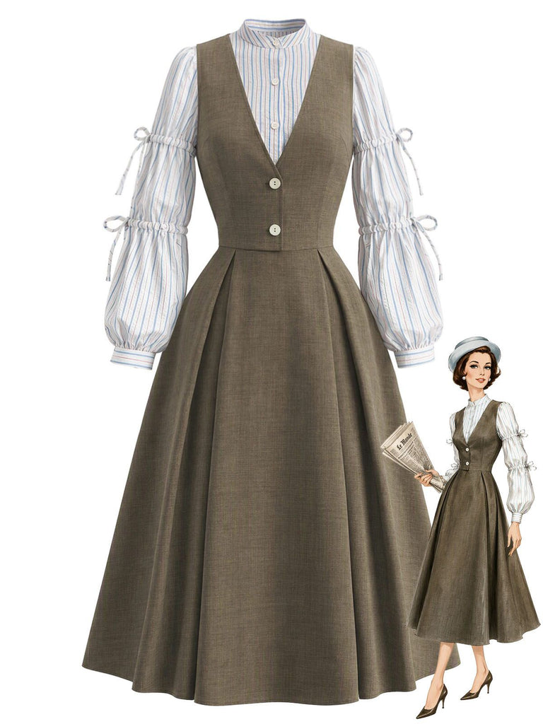 [Prévente] 2PCS Ensemble blouse rayée manches lanterne nouées et robe unie années 1940