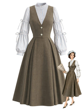 [Prévente] 2PCS Ensemble blouse rayée manches lanterne nouées et robe unie années 1940