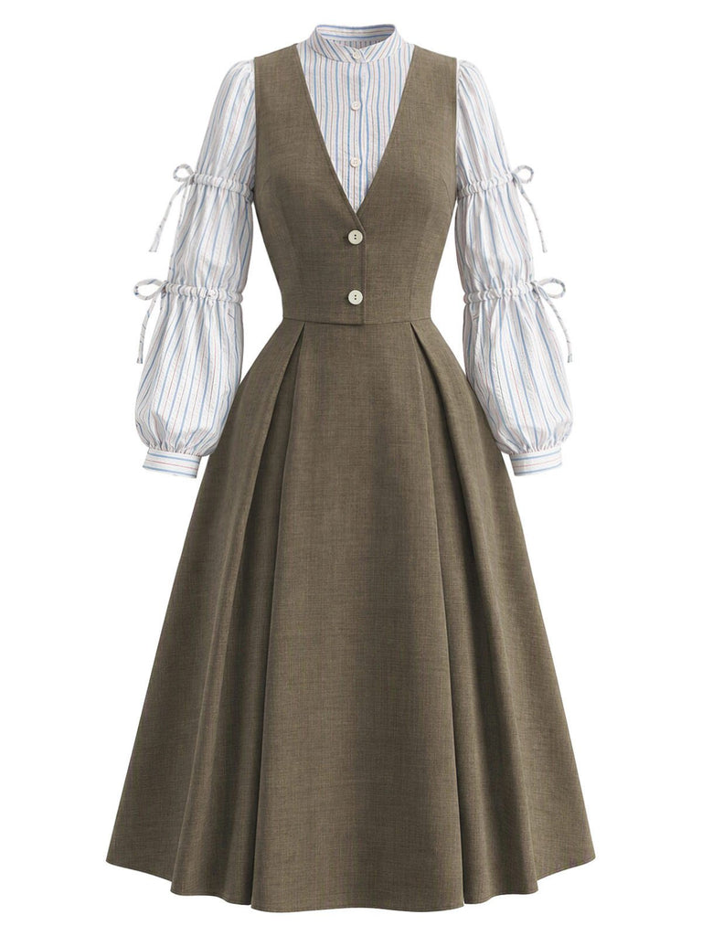 [Prévente] 2PCS Ensemble blouse rayée manches lanterne nouées et robe unie années 1940