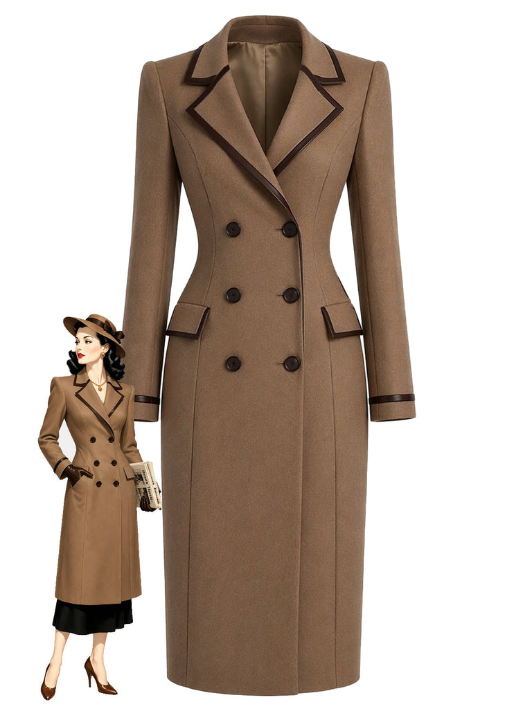 [Prévente] Manteau marron à double boutonnage et bordures en cuir Années 1950 - 1