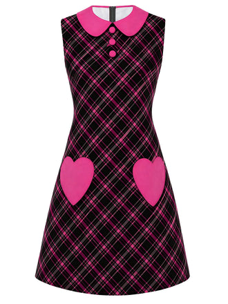 [Prévente] Robe noire et rose à carreaux avec poches et col Claudine années 1960