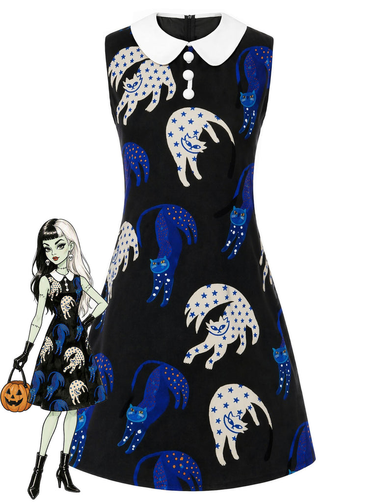[Prévente] Robe Noir Cat Imprimé Col Claudine en A Années 1960