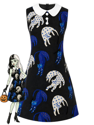 [Prévente] Robe Noir Cat Imprimé Col Claudine en A Années 1960
