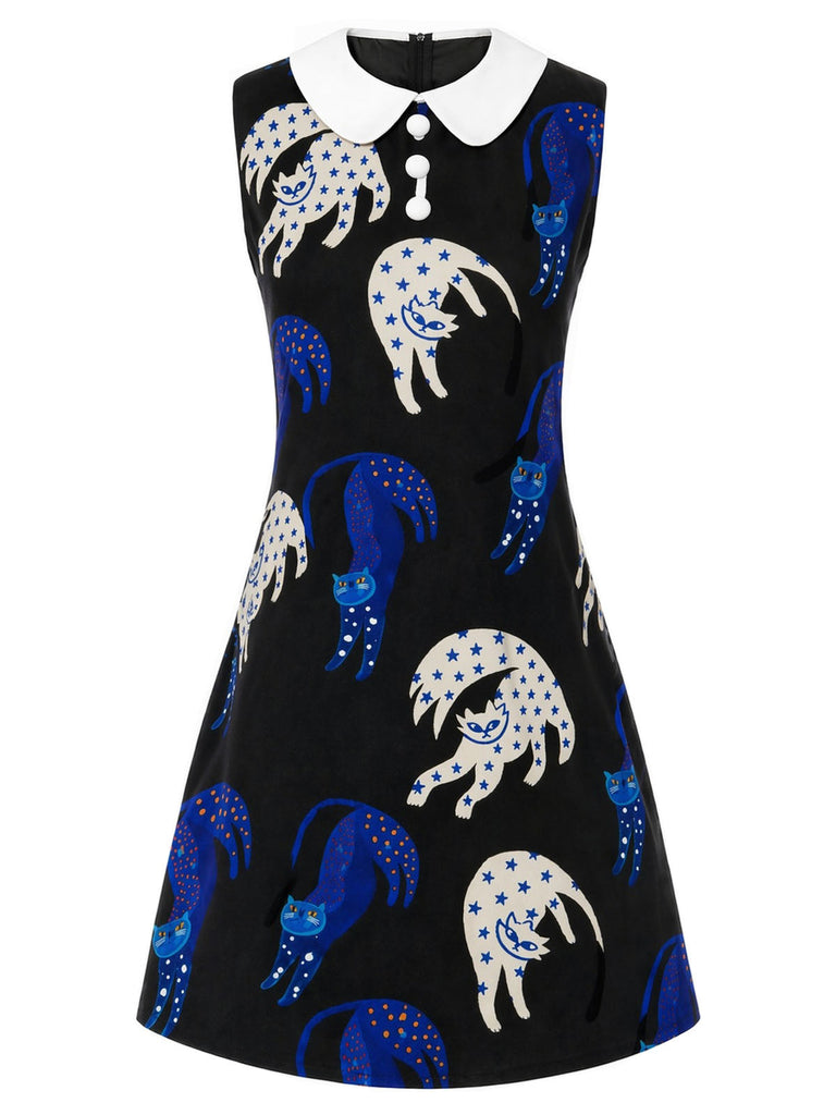 [Prévente] Robe Noir Cat Imprimé Col Claudine en A Années 1960