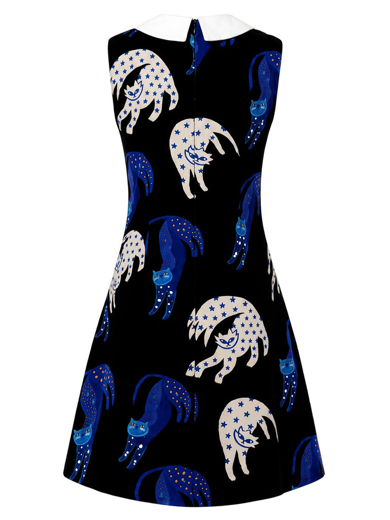 [Prévente] Robe Noir Cat Imprimé Col Claudine en A Années 1960