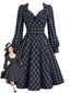 [Prévente] Robe trapèze bleu foncé manches longues motif écossais et nœud années 1950