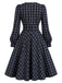 [Prévente] Robe trapèze bleu foncé à carreaux, nœud et manches longues Années 1950 - 3