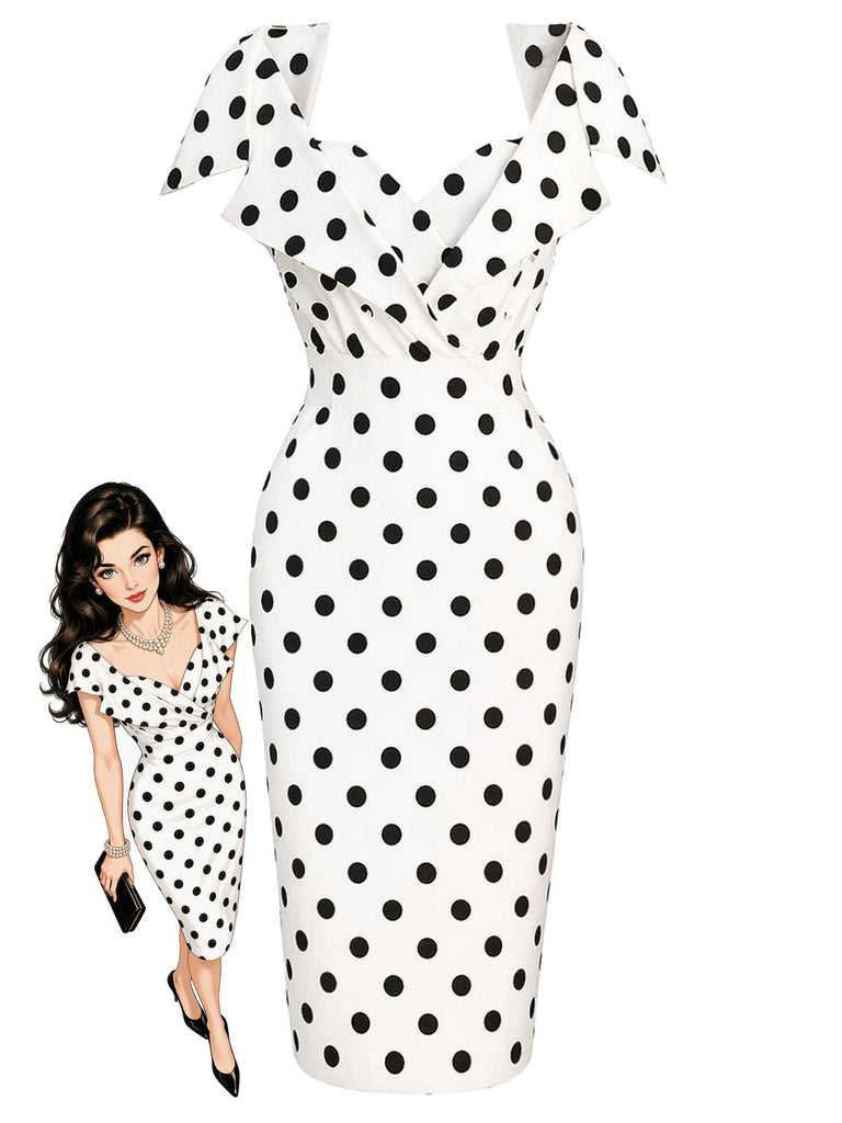 [Prévente] Robe blanche à pois, col rabattu et coupe crayon années 1960