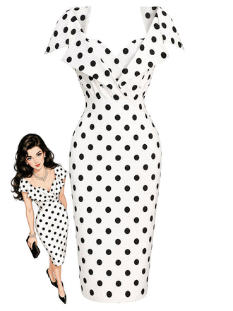 [Prévente] Robe blanche à pois, col rabattu et coupe crayon années 1960