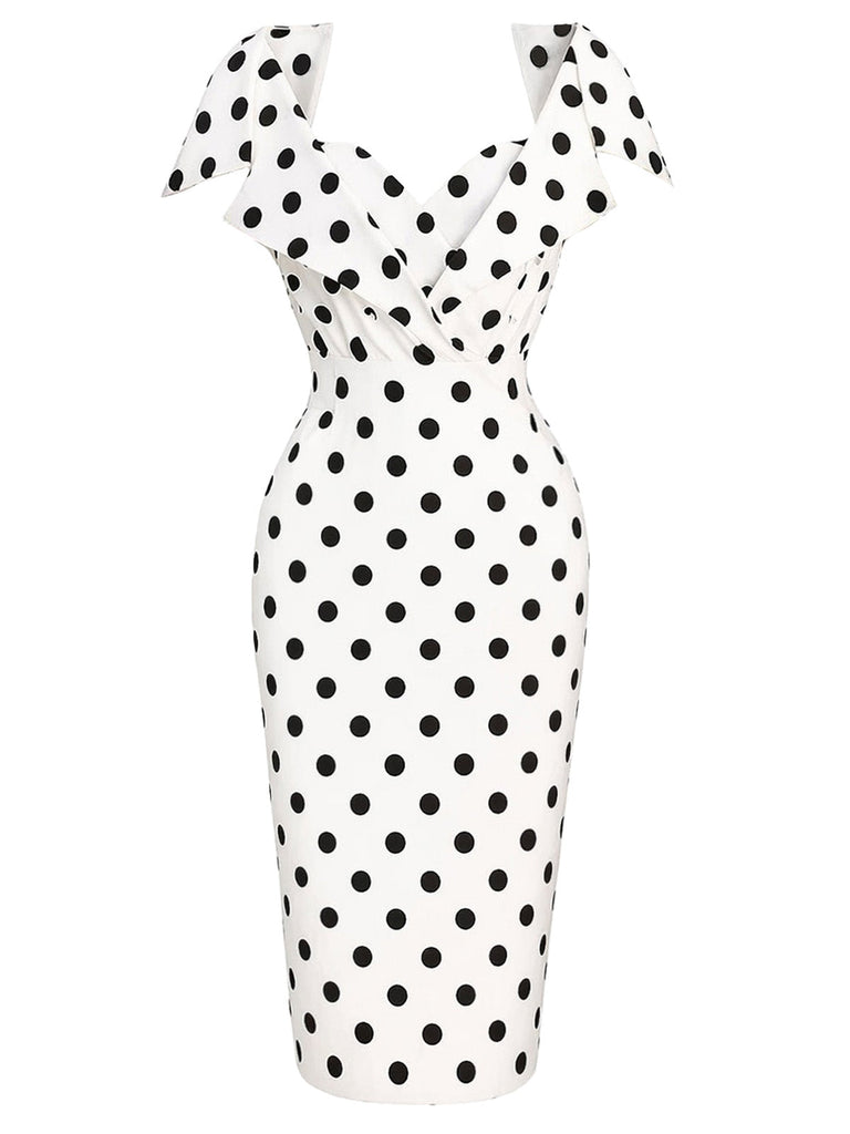 [Prévente] Robe blanche à pois, col rabattu et coupe crayon années 1960