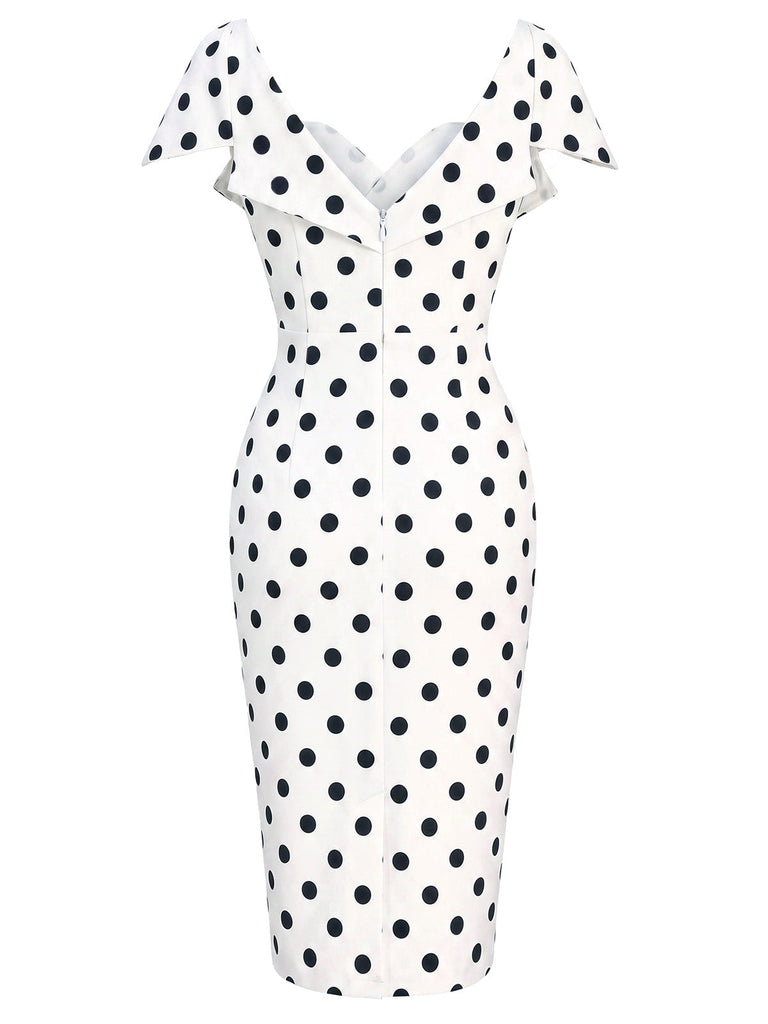 [Prévente] Robe blanche à pois, col rabattu et coupe crayon années 1960