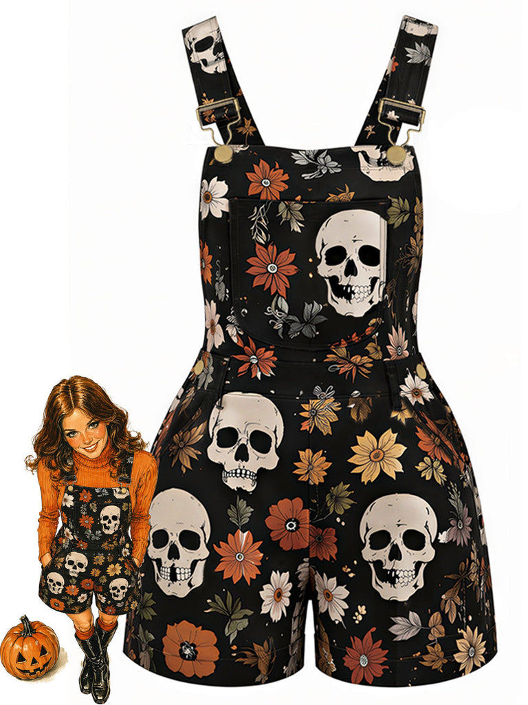 [Prévente] Combishort salopette multicolore à imprimé crâne et marguerites années 1970