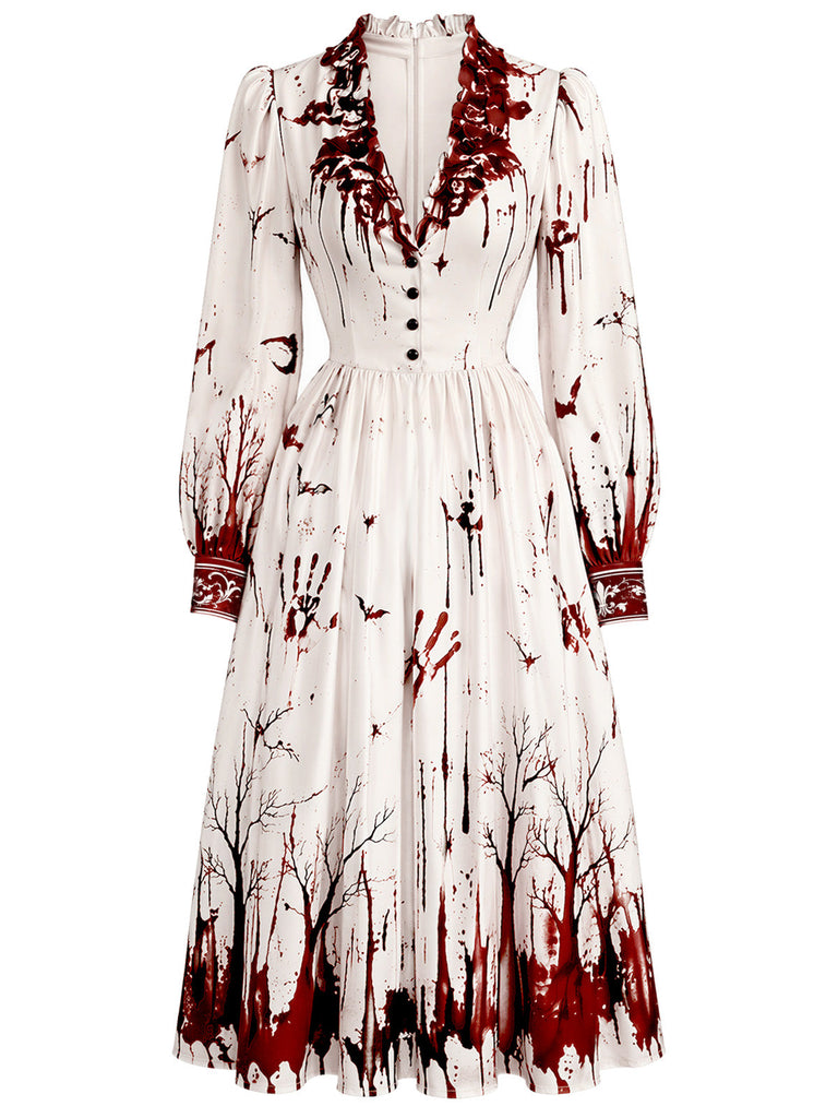 [Prévente] Robe d’Halloween rouge et blanche à chauve-souris et taches de sang années 1950