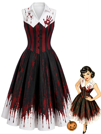 [Prévente] Robe évasée noire et rouge à empreintes de mains sanglantes années 1960