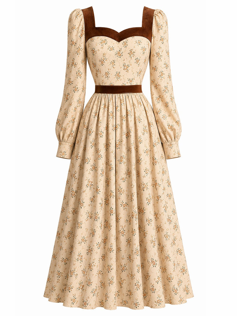 [Prévente] Robe abricot fleurie avec bordure en velours et décolleté cœur années 1930