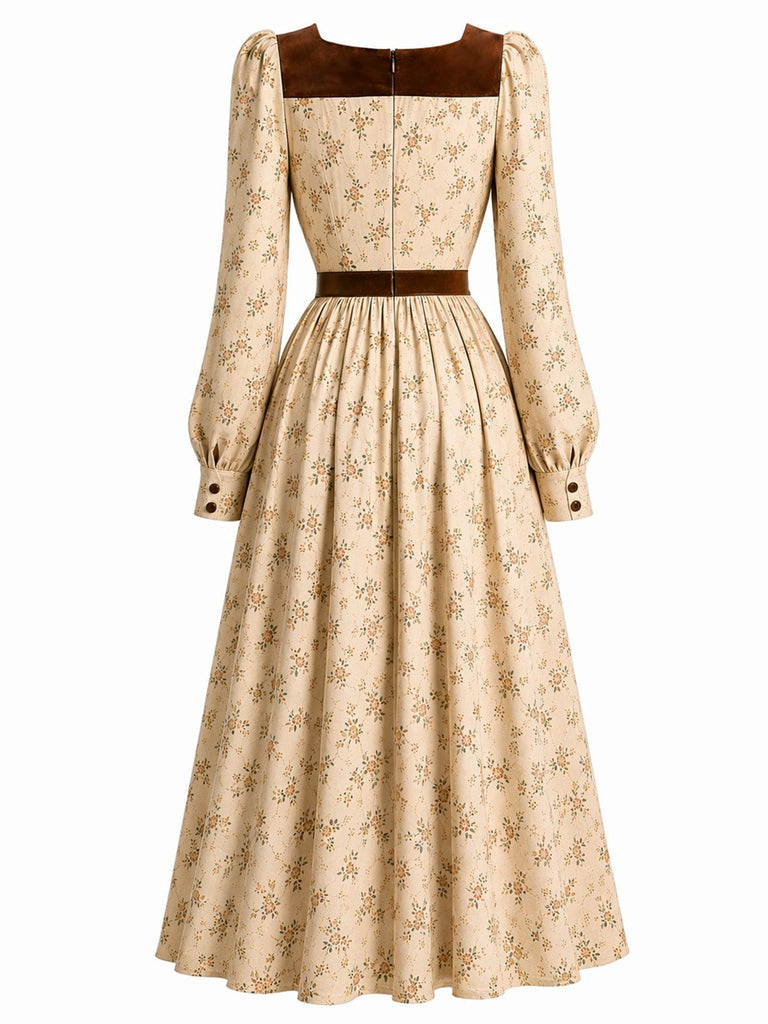 [Prévente] Robe abricot fleurie avec bordure en velours et décolleté cœur années 1930