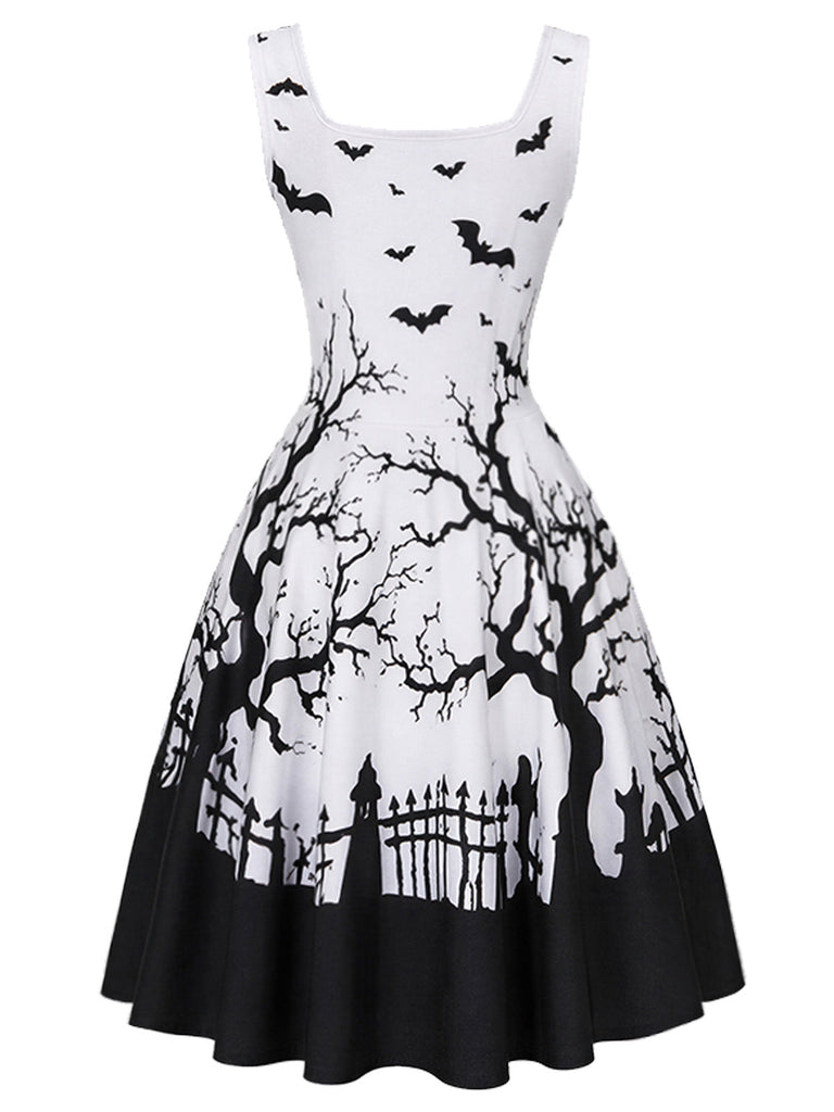 [Prévente] Robe noire et blanche d’Halloween à imprimé et col carré années 1950