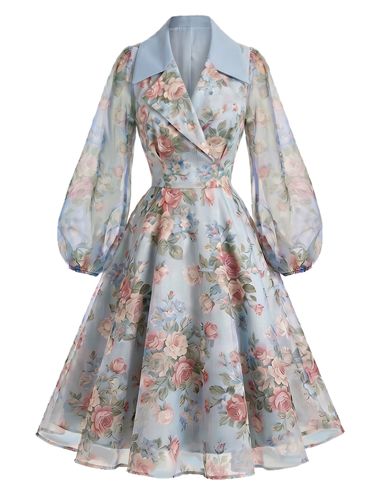 [Prévente] Robe portefeuille bleue florale à revers contrasté et manches transparentes Années 1950
