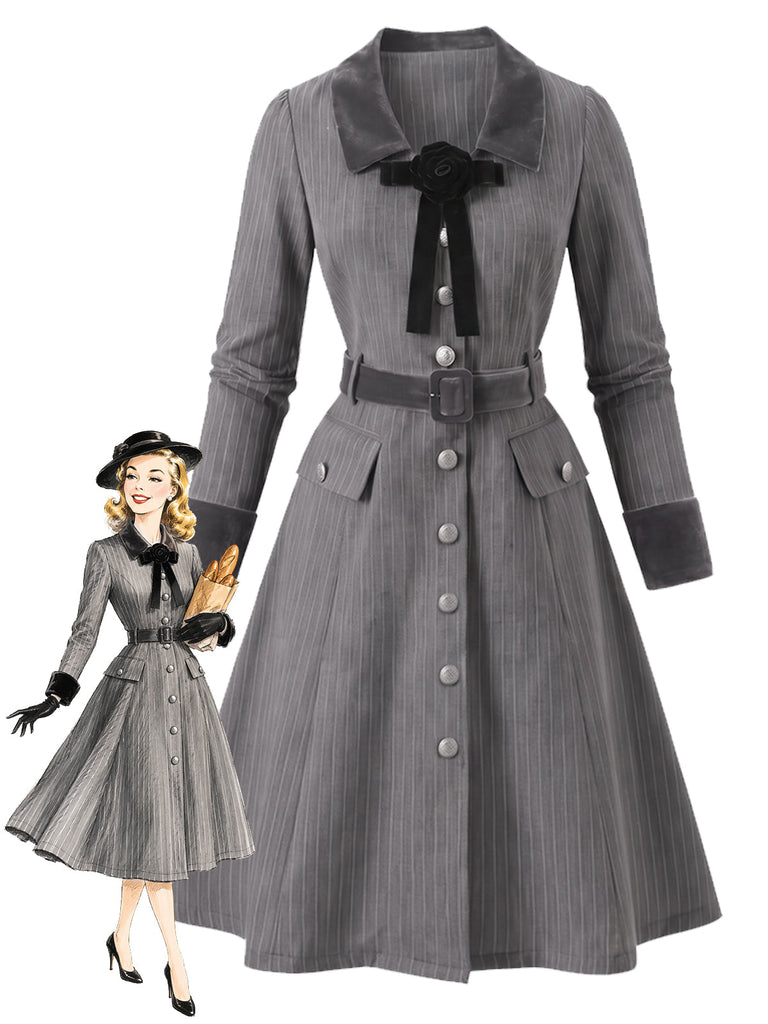[Prévente] Robe gris foncé rayée à col V, nœud et ceinture années 1950